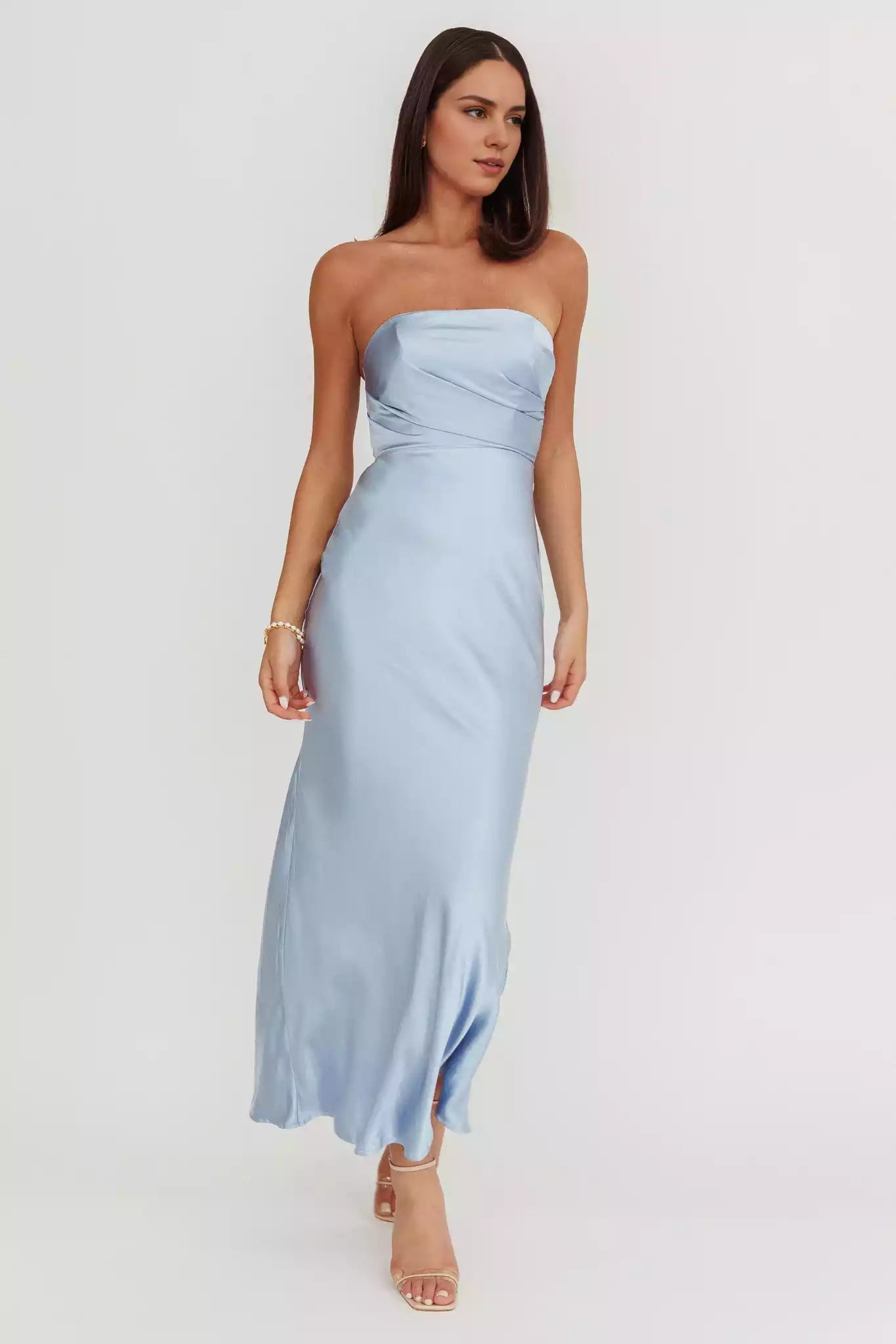 Soft satin strapless, extra long bust without lining, invisible back zipper Prom Dresses