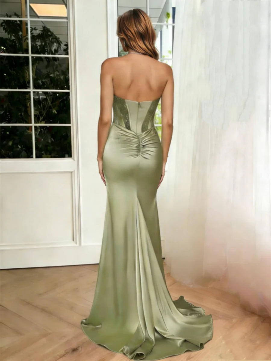 Spaghetti-Strap Satin Evening Dress with Cutout Bodice, Oversized Front Bow, High Thigh Slit & Mermaid Train