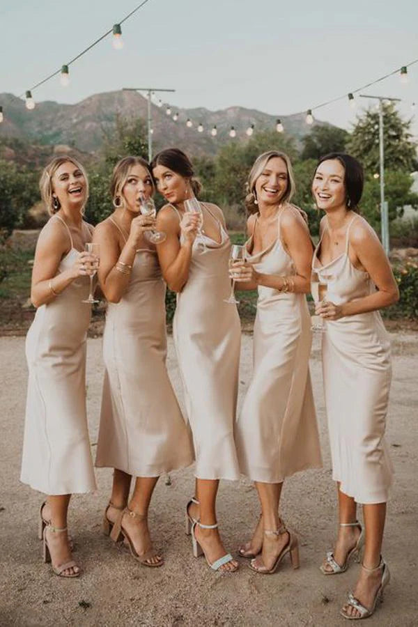 Thin shoulder strap A-line long dress fashionable simple and elegant high-end color satin tea long bridesmaid dress