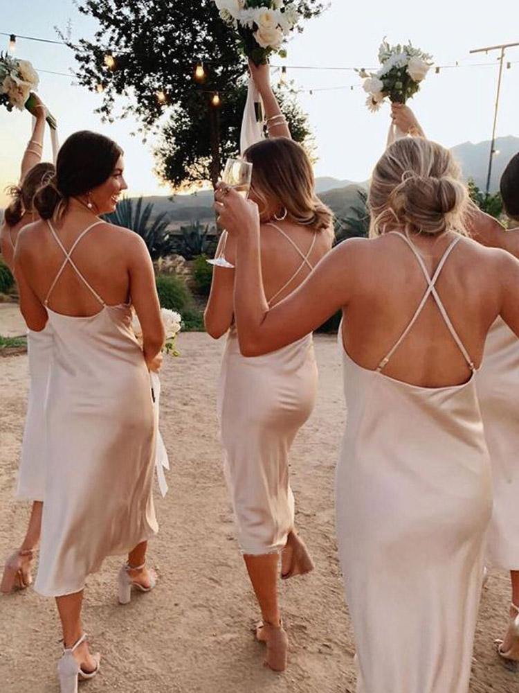 Thin shoulder strap A-line long dress fashionable simple and elegant high-end color satin tea long bridesmaid dress