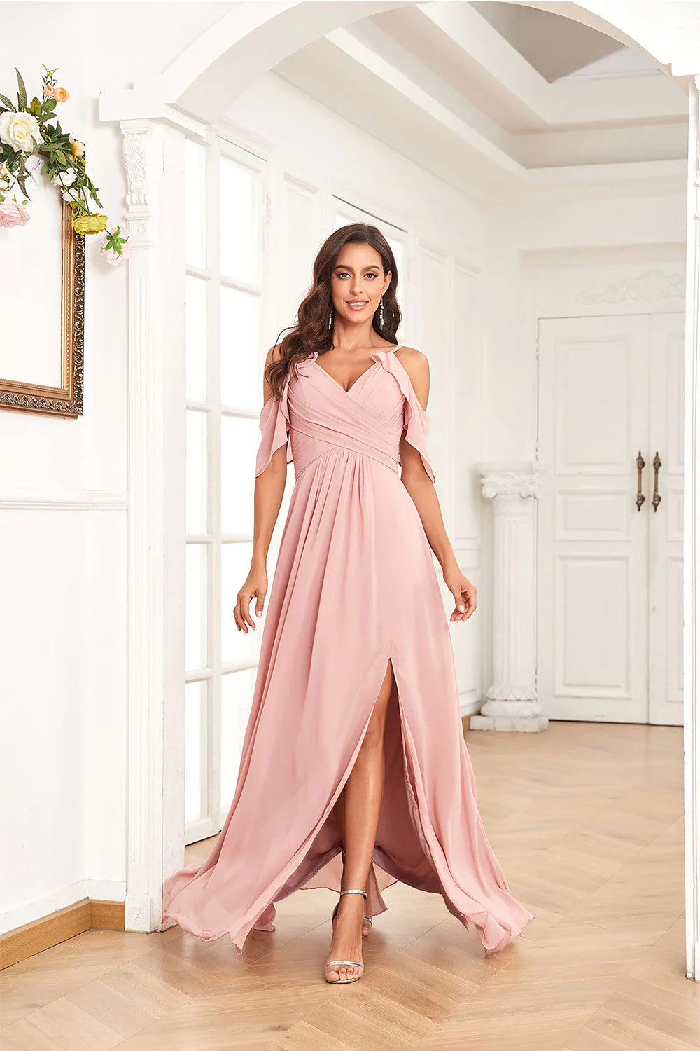 Elegant pink thin shoulder strap chiffon cold shoulder slit with pocket long bridesmaid dress