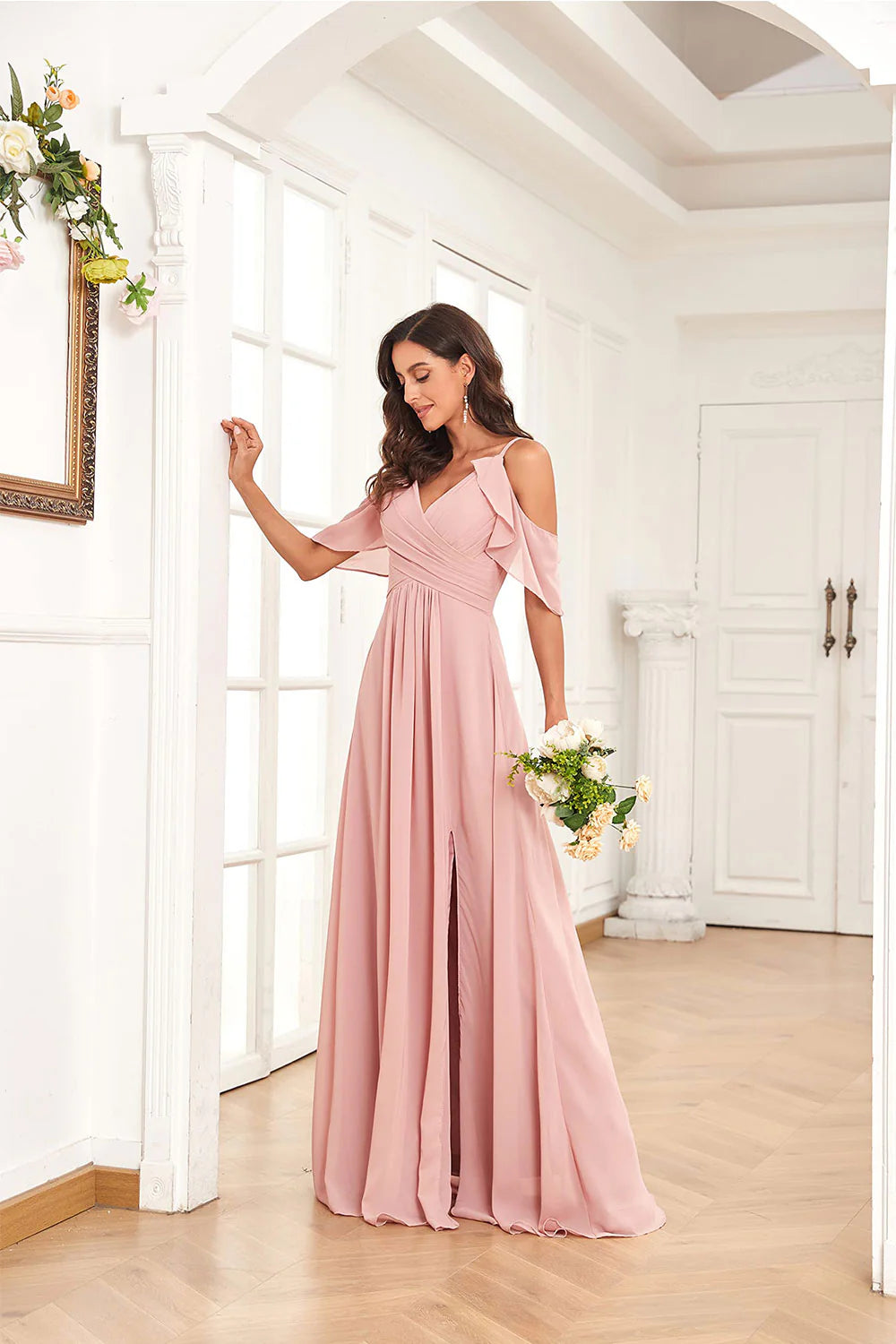 Elegant pink thin shoulder strap chiffon cold shoulder slit with pocket long bridesmaid dress