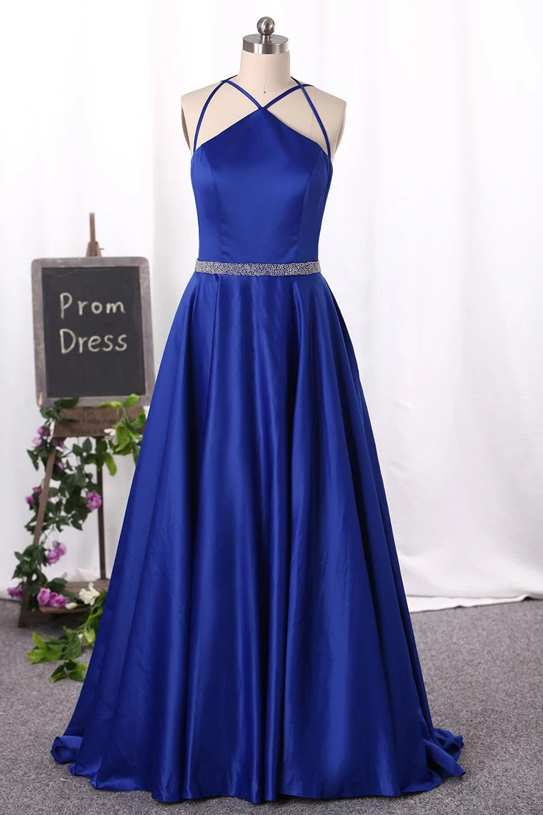 Open neck party dress with skinny straps satin and beaded A-line dress