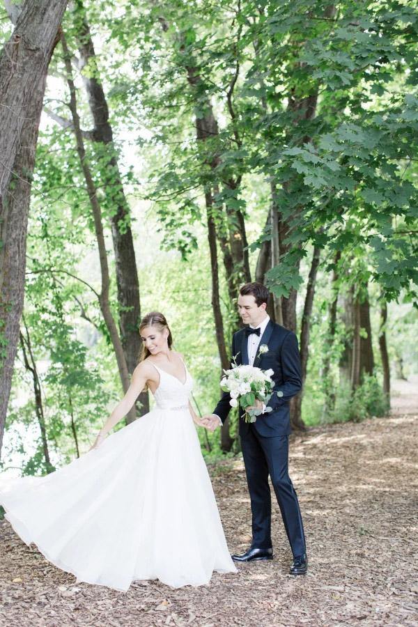 Elegant thin shoulder strap wedding dress A-line sheer with crystal waistband