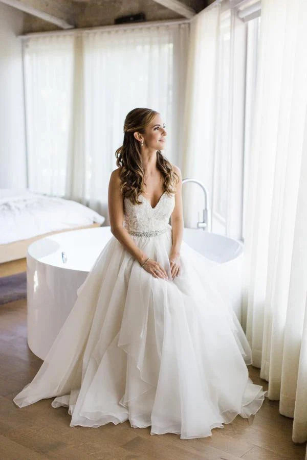 Elegant thin shoulder strap wedding dress A-line sheer with crystal waistband