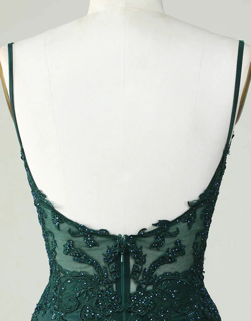 Slim Fit Italian Noodle Strap Dark Green Short Tight Back to School Party Dress