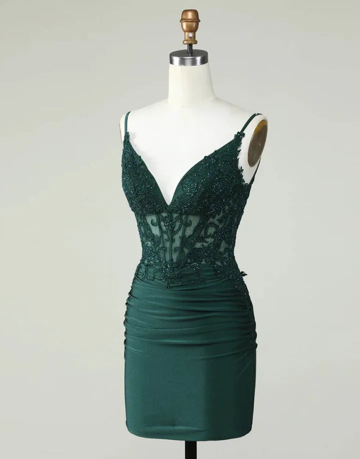 Slim Fit Italian Noodle Strap Dark Green Short Tight Back to School Party Dress