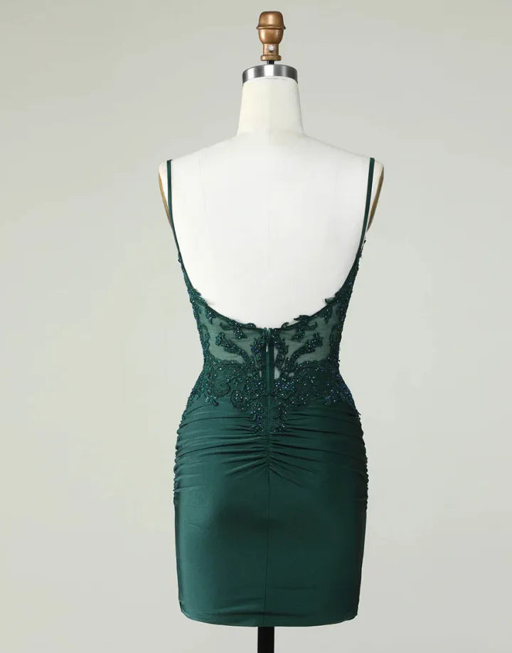 Slim Fit Italian Noodle Strap Dark Green Short Tight Back to School Party Dress