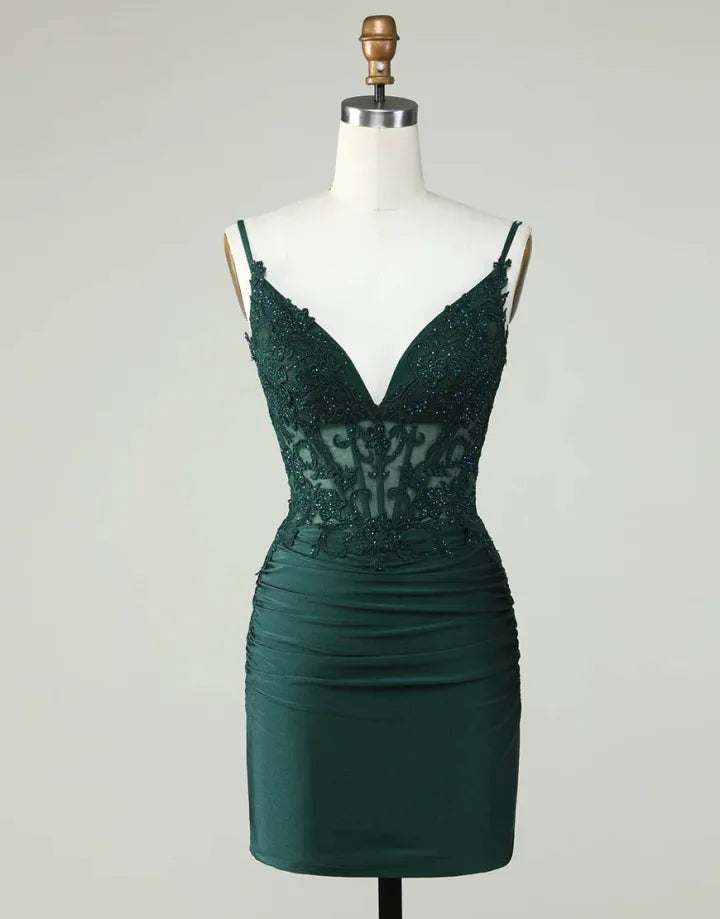 Slim Fit Italian Noodle Strap Dark Green Short Tight Back to School Party Dress
