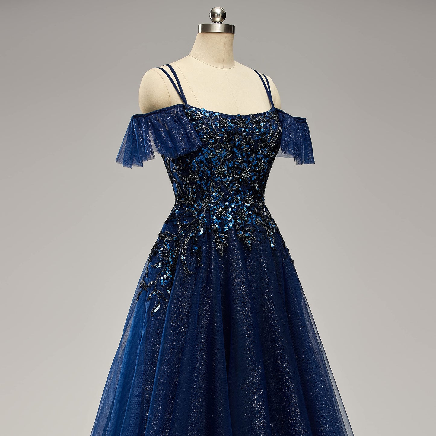 Sparkling and sexy A-line off shoulder tulle embellished bead ruffled ball dress