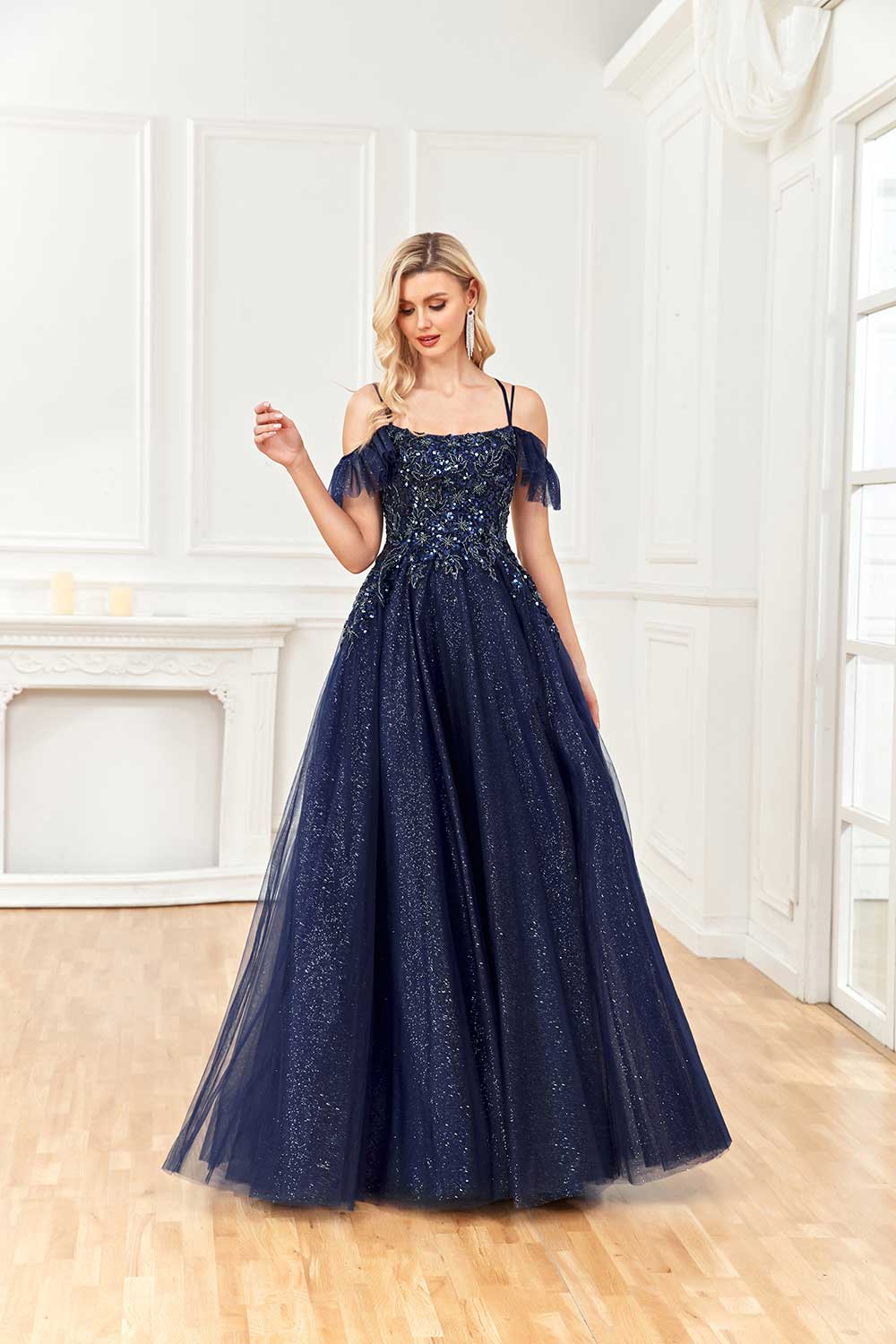 Shiny A-shaped Off Shoulder Tulle Sticker Beaded Lotus Edge Ball Party Dress
