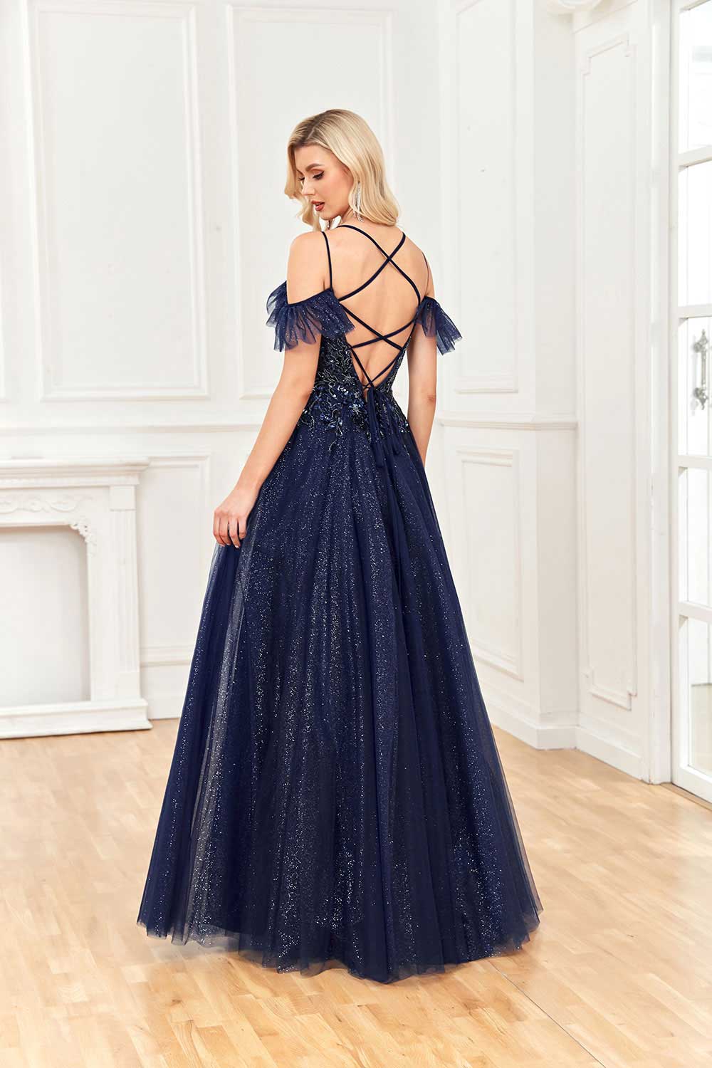 Sparkling and sexy A-line off shoulder tulle embellished bead ruffled ball dress