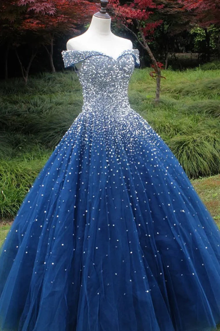 Sparkling and sexy off the shoulder ball dress, a fluffy sheer dress