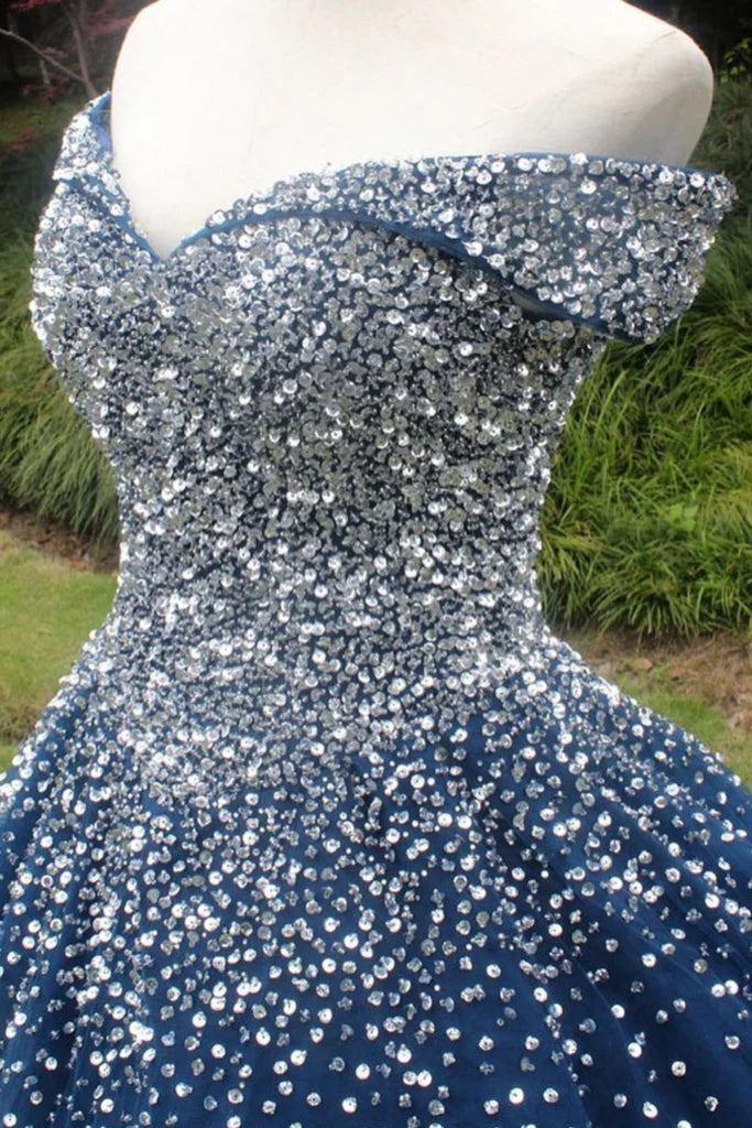 Sparkling and sexy off the shoulder ball dress, a fluffy sheer dress