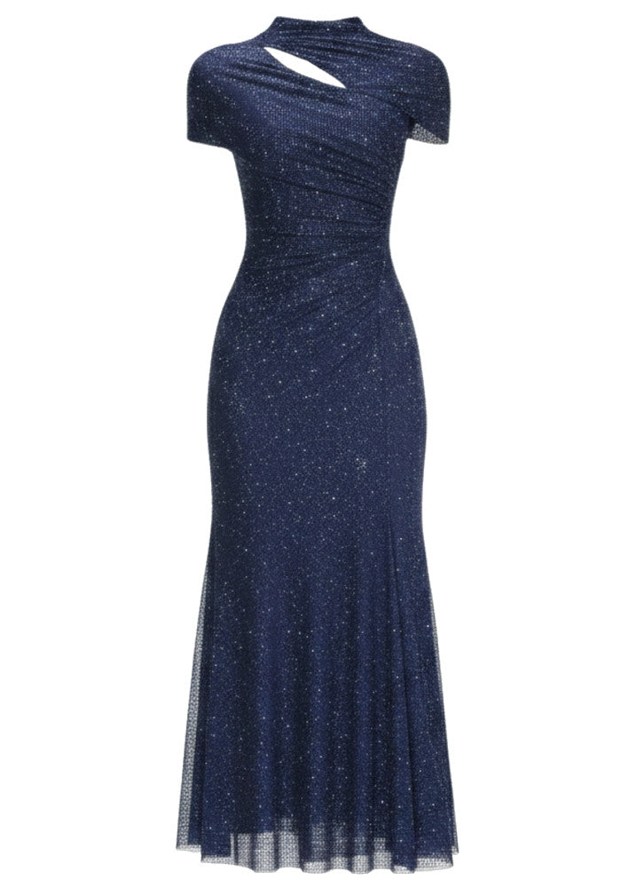 Sparkling Sequined Blue V-Neck Short Sleeve Mermaid Mini Evening Dresses
