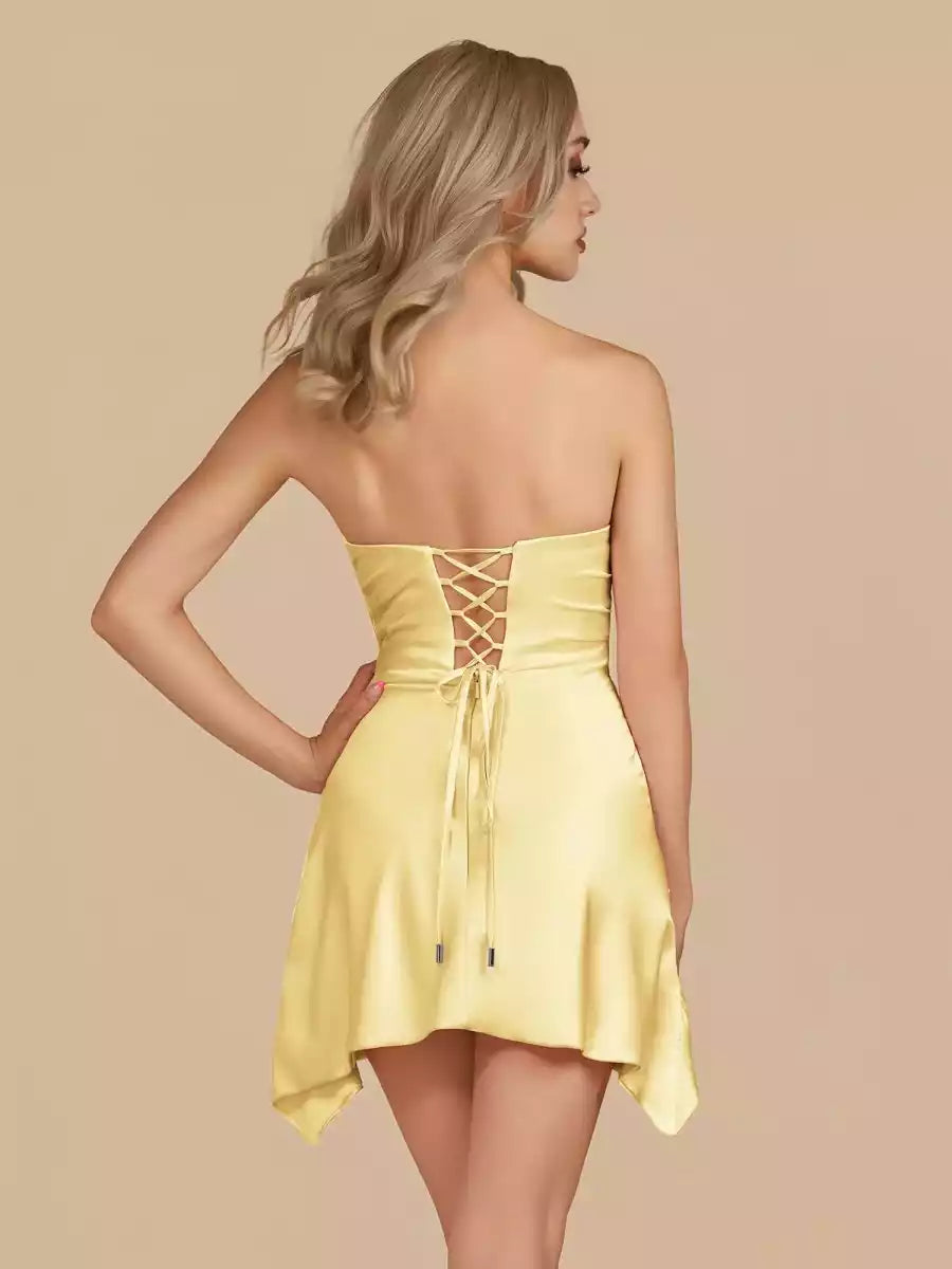 Sparkling satin close fitting cut, off shoulder, irregular hem, sleeveless Homecoming Dresses