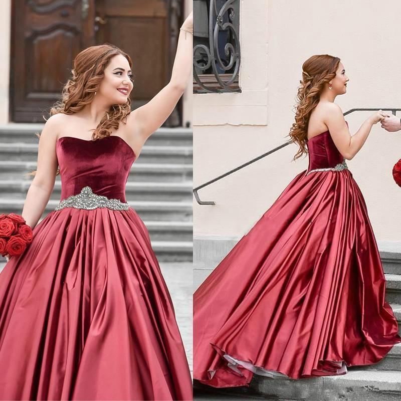 Burgundy Velvet Sweetheart Bead Strapless Waistband Pleated Satin Ball Dress