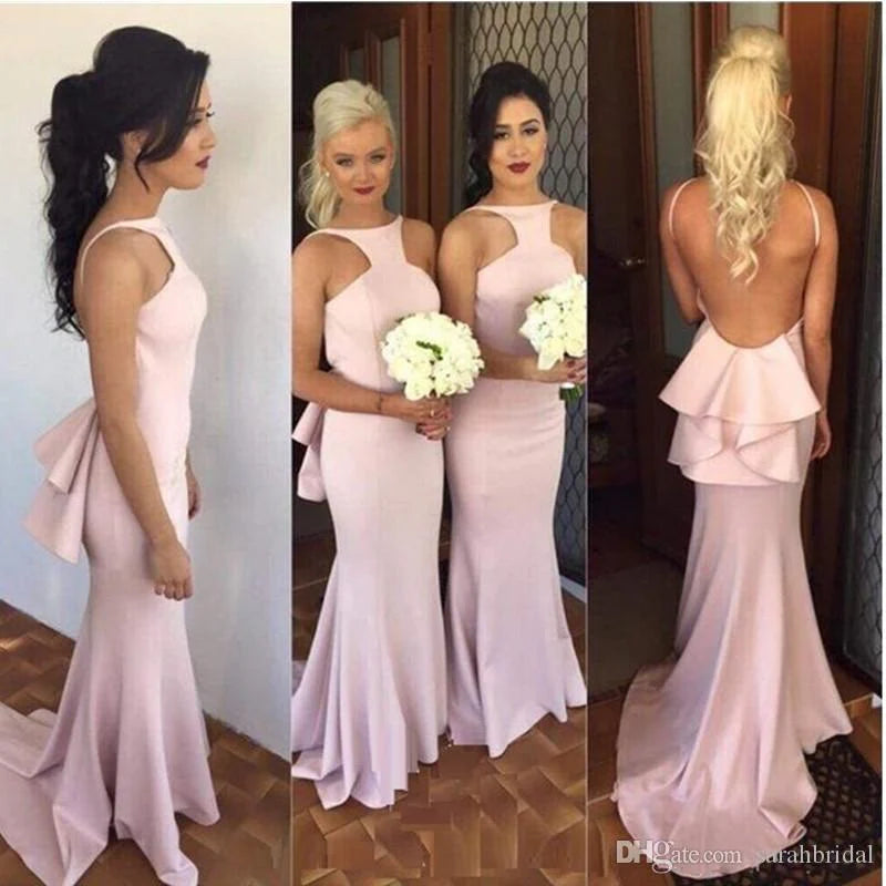 Elegant mermaid long pink bridesmaid dress with open back