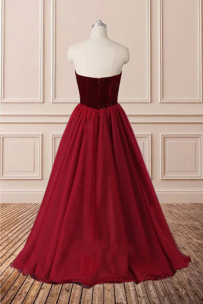 Sexy strapless A-line long V-neck sheer Burgundy sleeveless floor dance dress