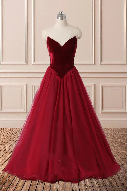 Sexy strapless A-line long V-neck sheer Burgundy sleeveless floor dance dress