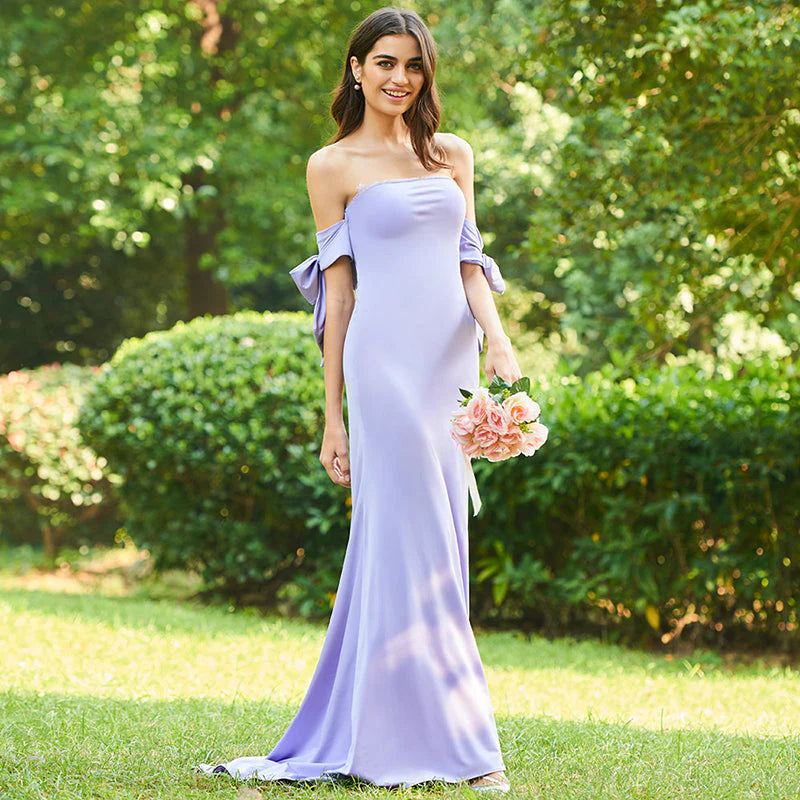 Purple Off Shoulder and Groundlength Mermaid Bridesmaid Wedding Dress
