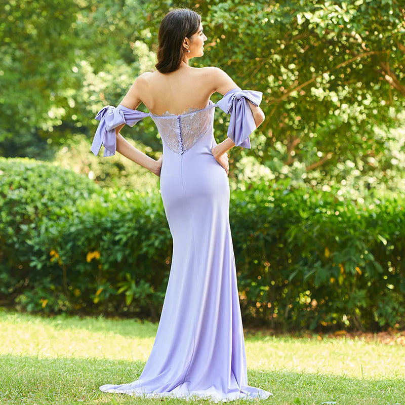 Purple Off Shoulder and Groundlength Mermaid Bridesmaid Wedding Dress