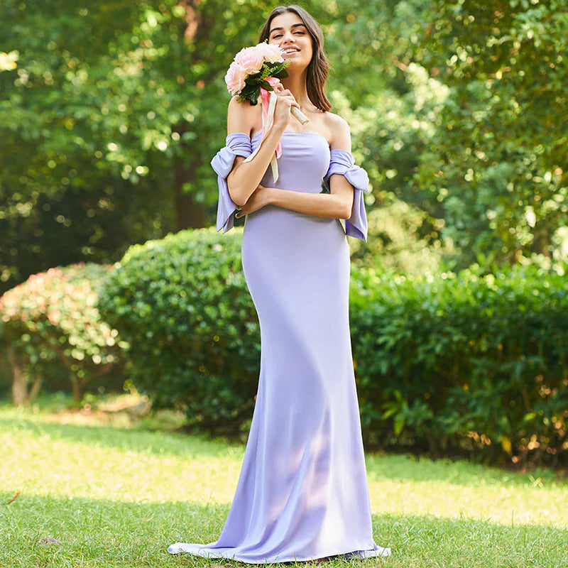 Purple Off Shoulder and Groundlength Mermaid Bridesmaid Wedding Dress