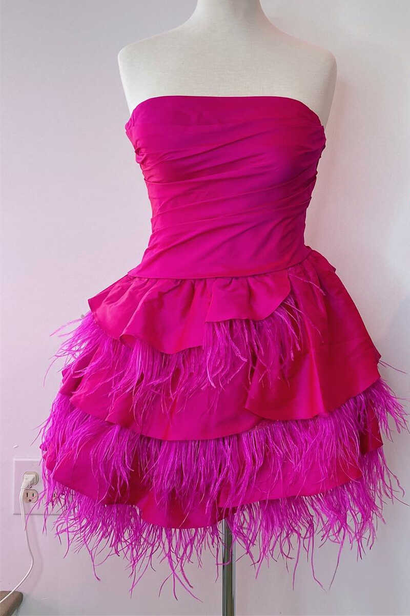 Sexy strapless satin multi-layer cute feather cocktail dress for teenagers