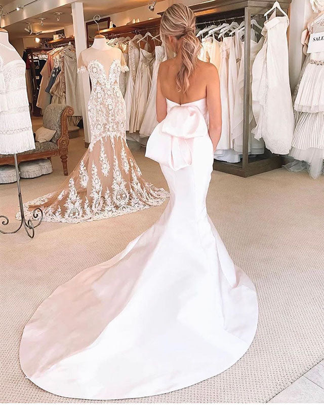 Strapless satin bow elegant mermaid wedding dress