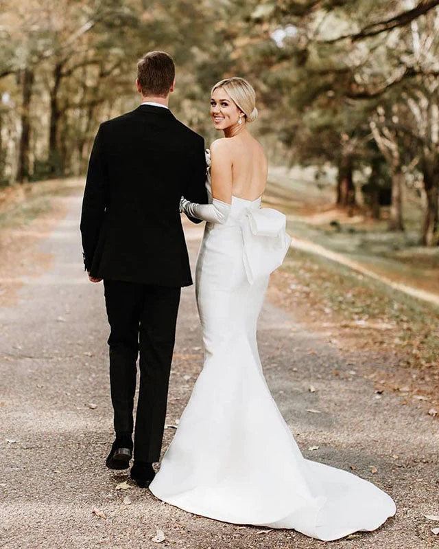 Strapless satin bow elegant mermaid wedding dress