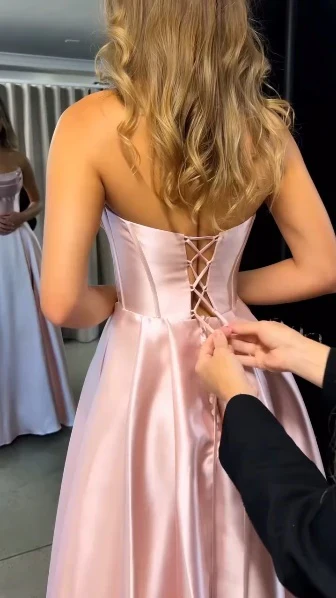 Strapless Beaded Cowl Neck Satin Ball Gown Evening Dress with Pockets High Slit and Lace-Up Back