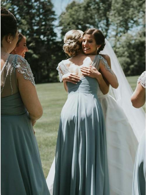Charming A-line Chiffon V-neck Pink Pleated Cap Sleeves Long Bridesmaid Dress