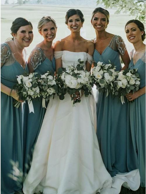 Charming A-line Chiffon V-neck Pink Pleated Cap Sleeves Long Bridesmaid Dress