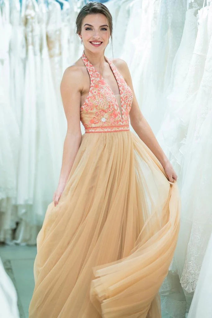 Amazing and Elegant A-line Gold R Long sheer Ball Dress