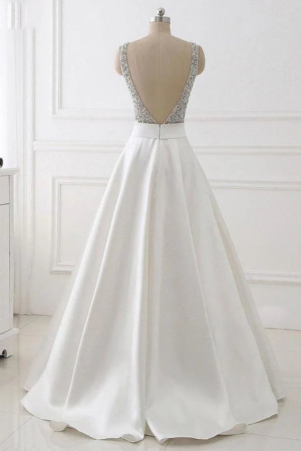 Charming and Elegant Ivory V-neck Satin Open Back Sleeveless Beaded Evening Dress