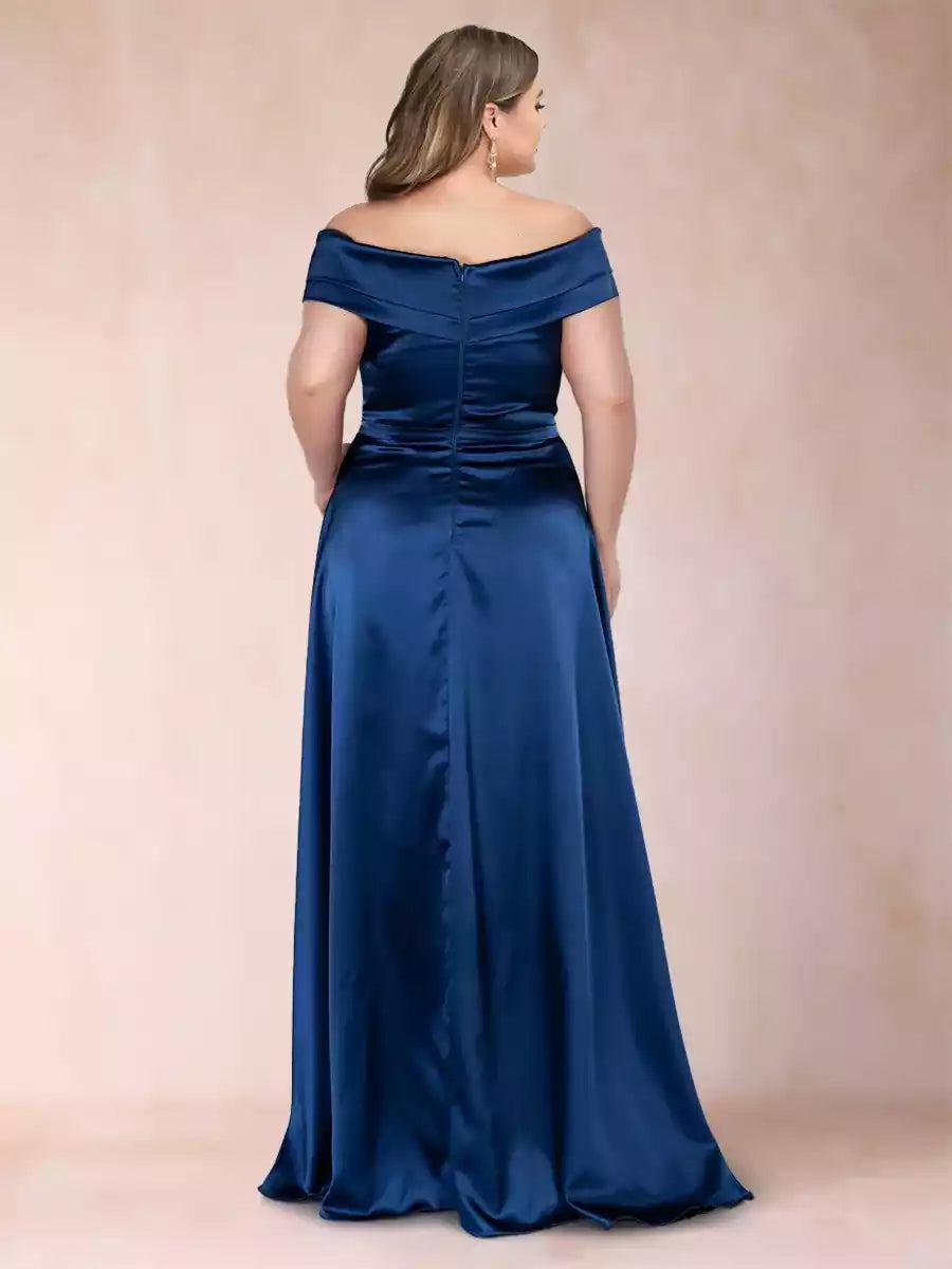 Stunning A-line/Princess style off shoulder pleated plus size side slit Mother of the Bride Dresses