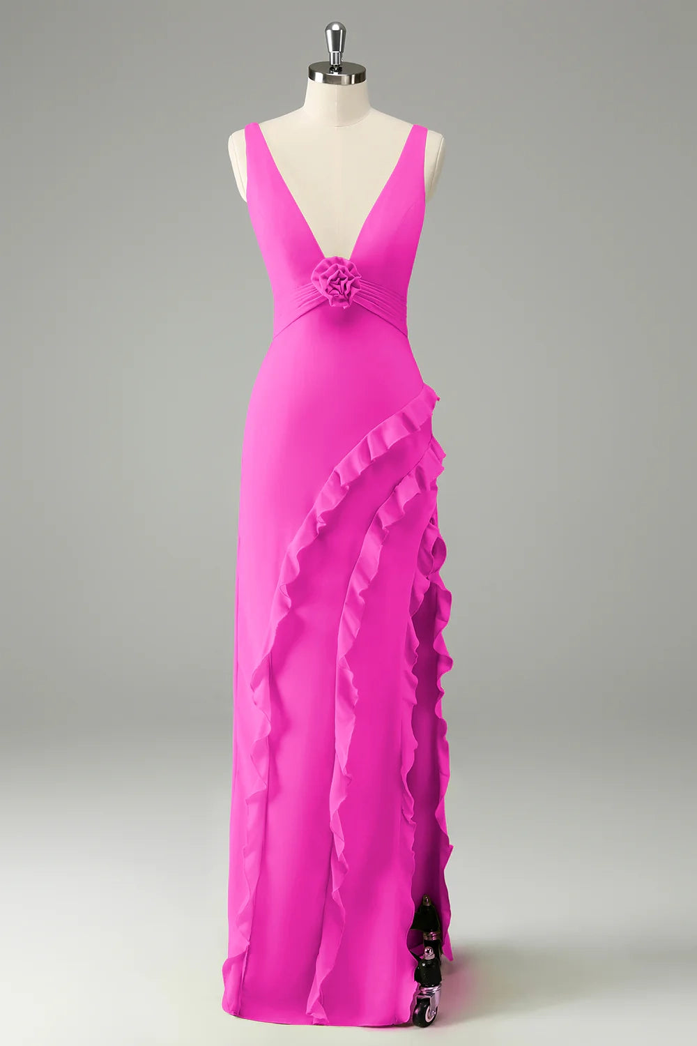 Stunning A-line V-neck floral ruffled backless slit bridesmaid dress