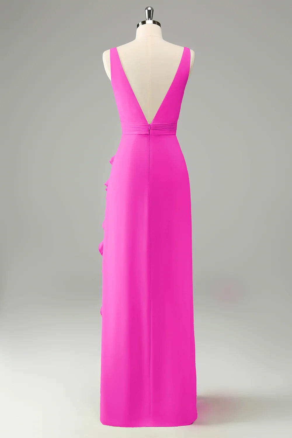 Stunning A-line V-neck floral ruffled backless slit bridesmaid dress