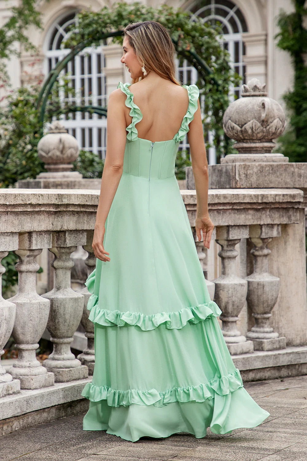 Stunning A-line ruffled sleeve waist tied chiffon long bridesmaid dress