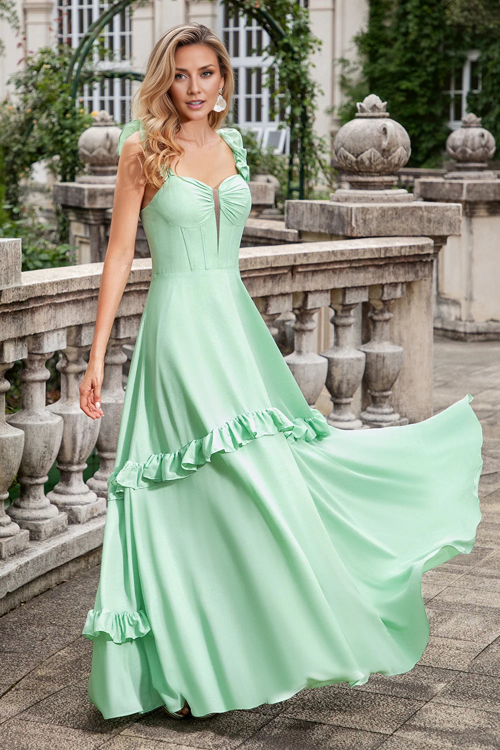 Stunning A-line ruffled sleeve waist tied chiffon long bridesmaid dress