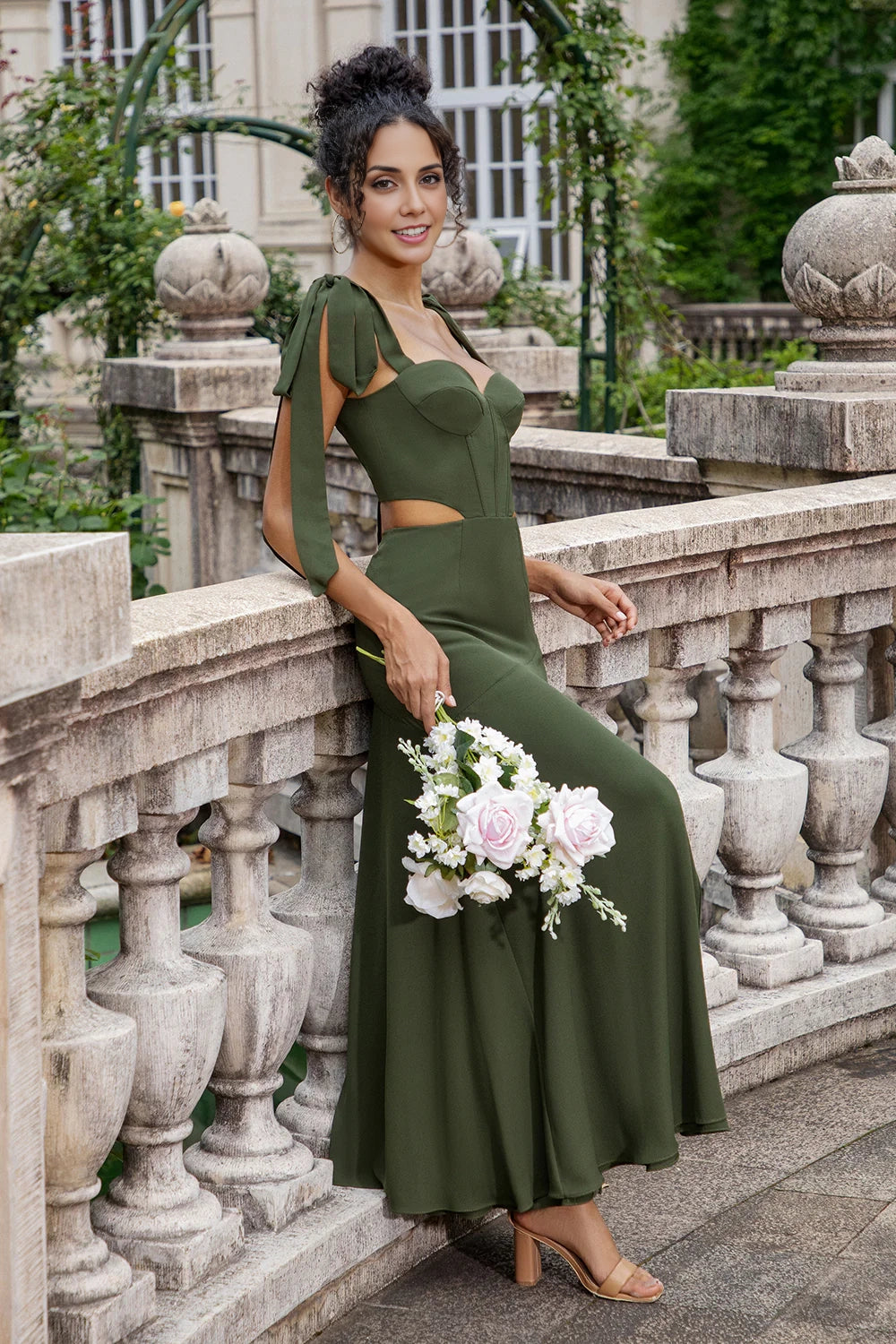 Stunning A-line slim shoulder strap and floor slit bridesmaid dress
