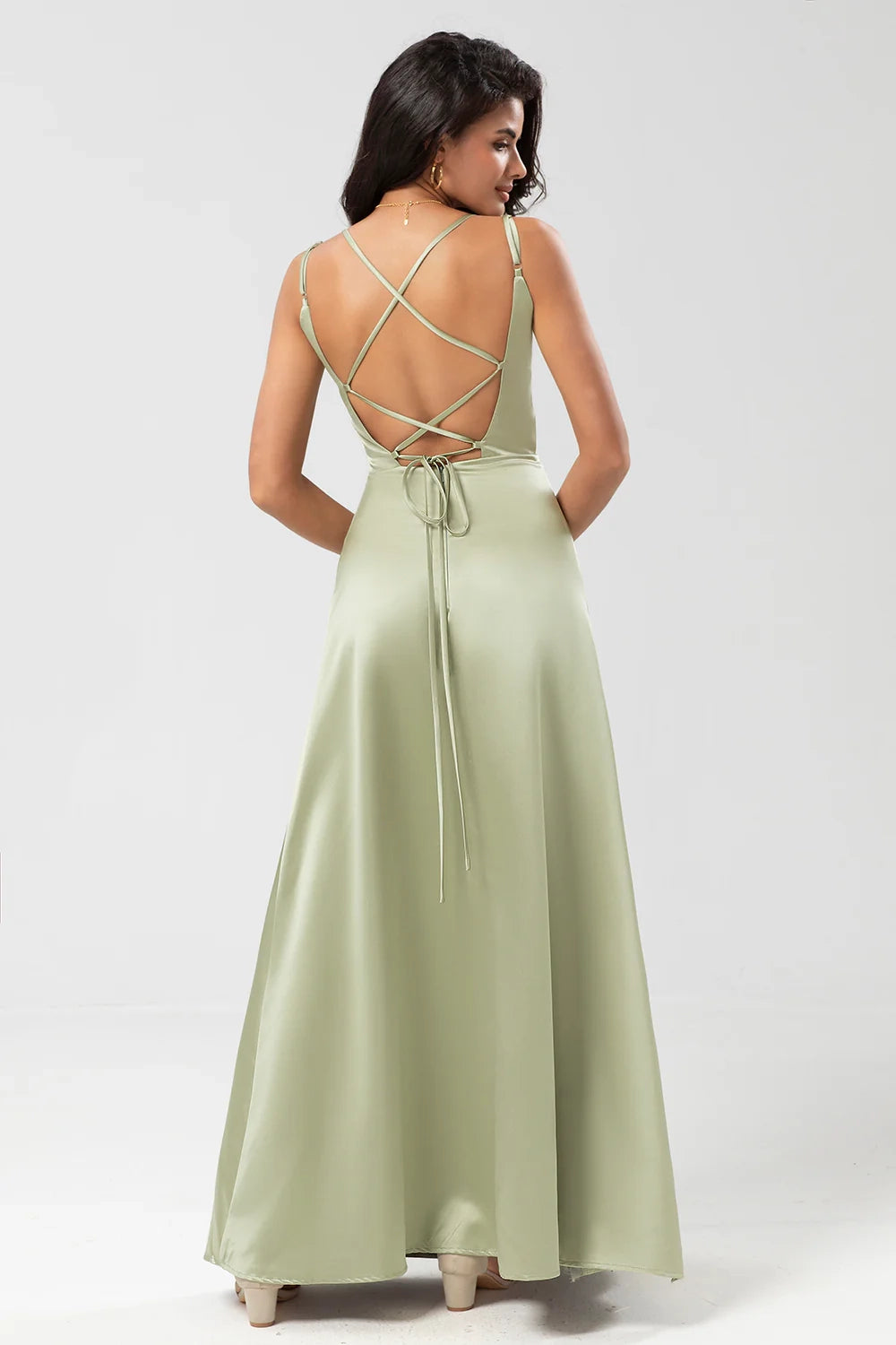 Stunning A-line thin shoulder strap and satin floor slit bridesmaid dress