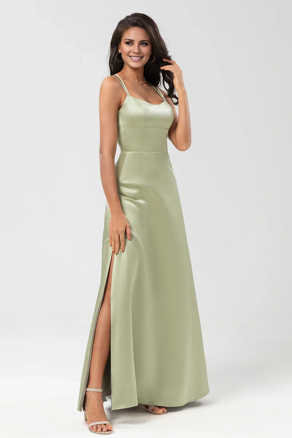 Stunning A-line thin shoulder strap and satin floor slit bridesmaid dress