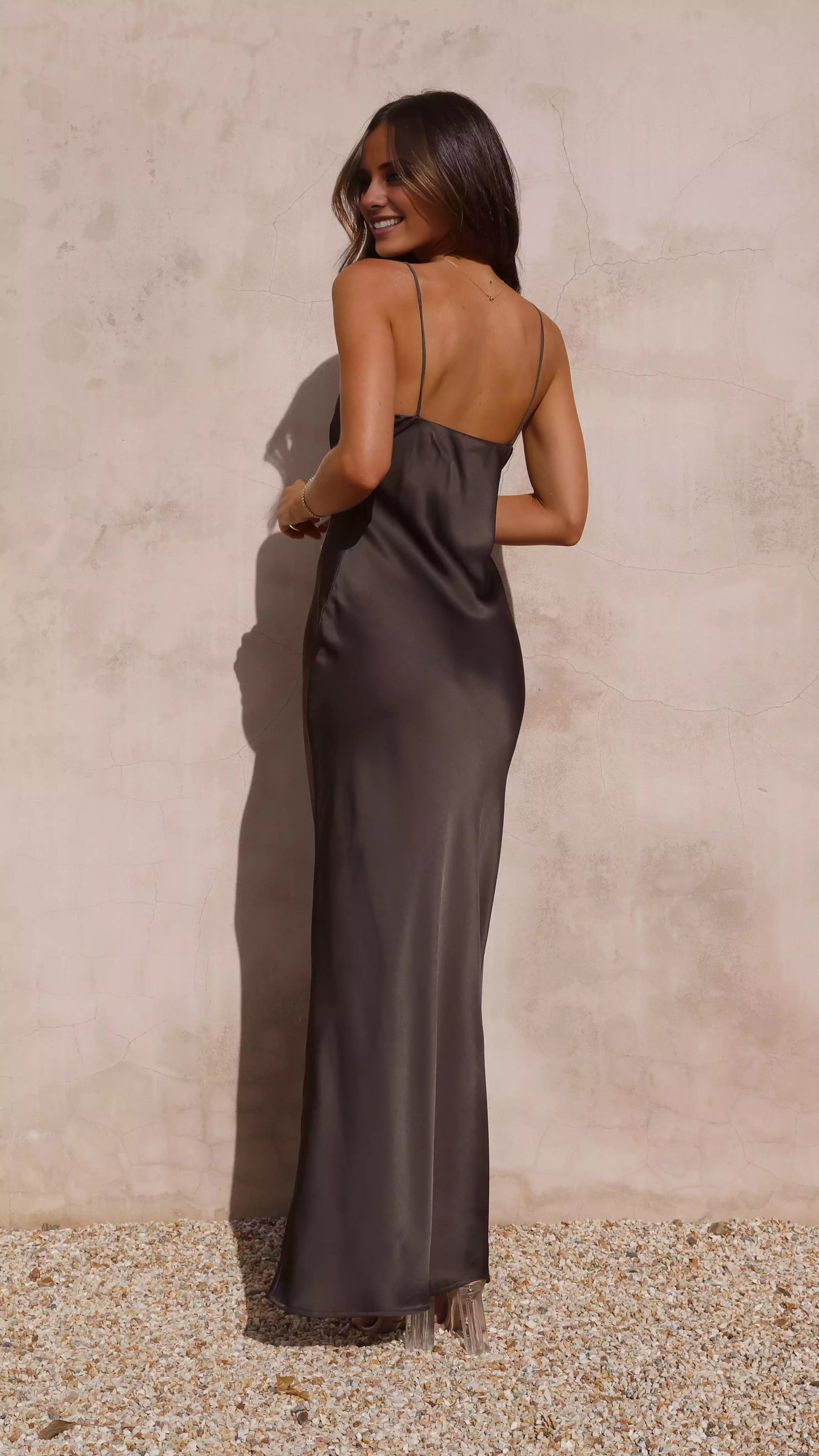 Stunning deep V-neck slim elastic shoulder strap with hidden side zipper and Prom Dresses on the ground