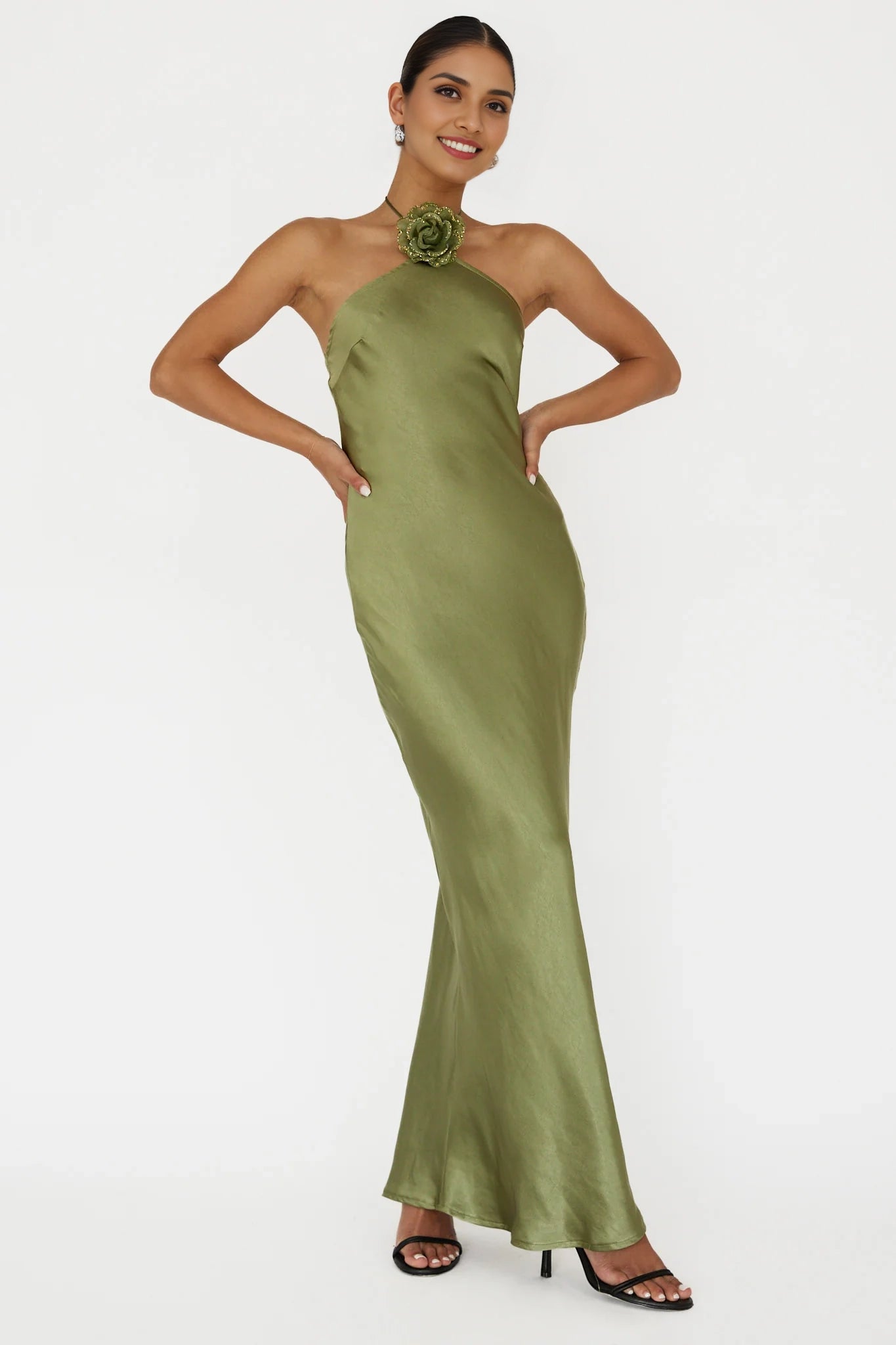 Charming satin ultra long unlined flower decoration backless bridesmaid dress