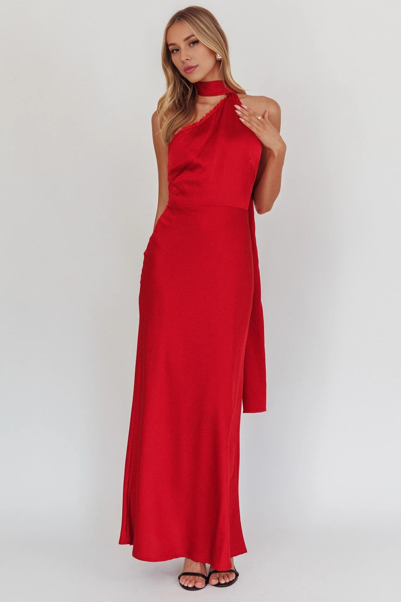 Stunning lace trimmed one shoulder back with zipper bridesmaid dress