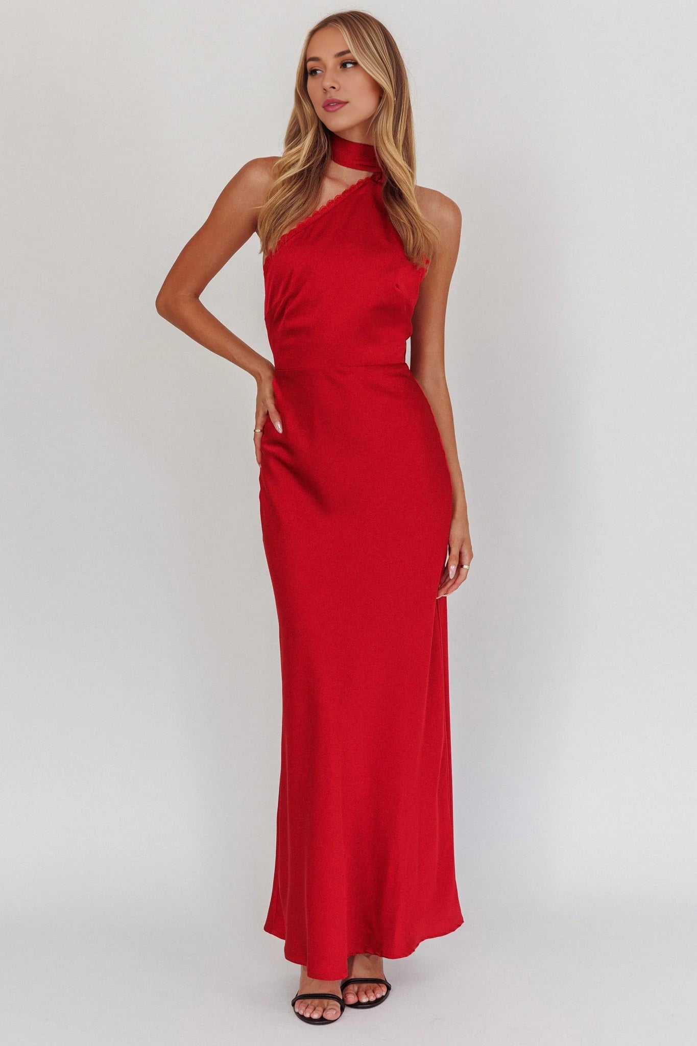 Stunning lace trimmed one shoulder back with zipper bridesmaid dress