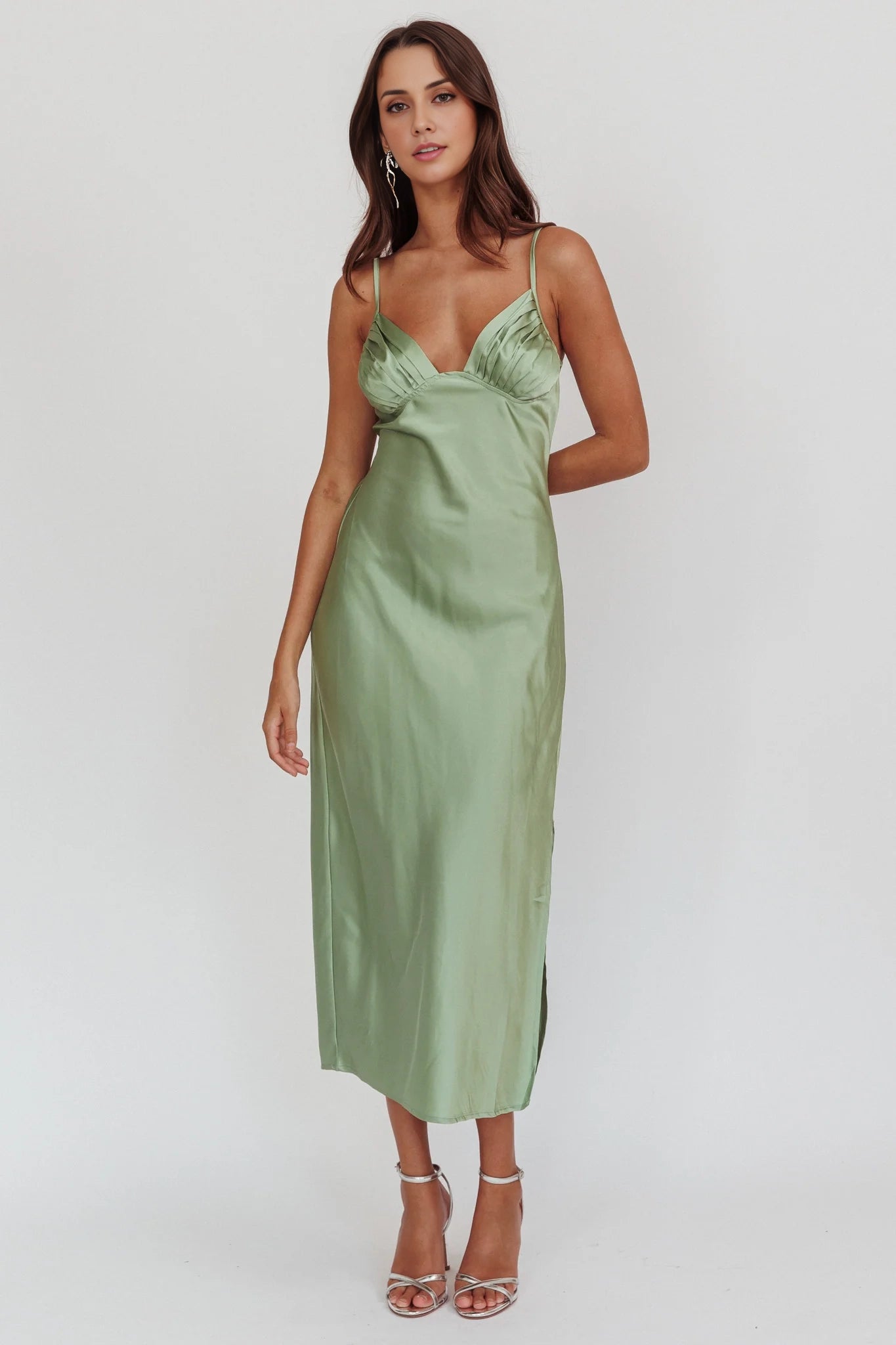 Stunning long mid length camisole with adjustable thin straps, pleated chest, side leg slit bridesmaid dress