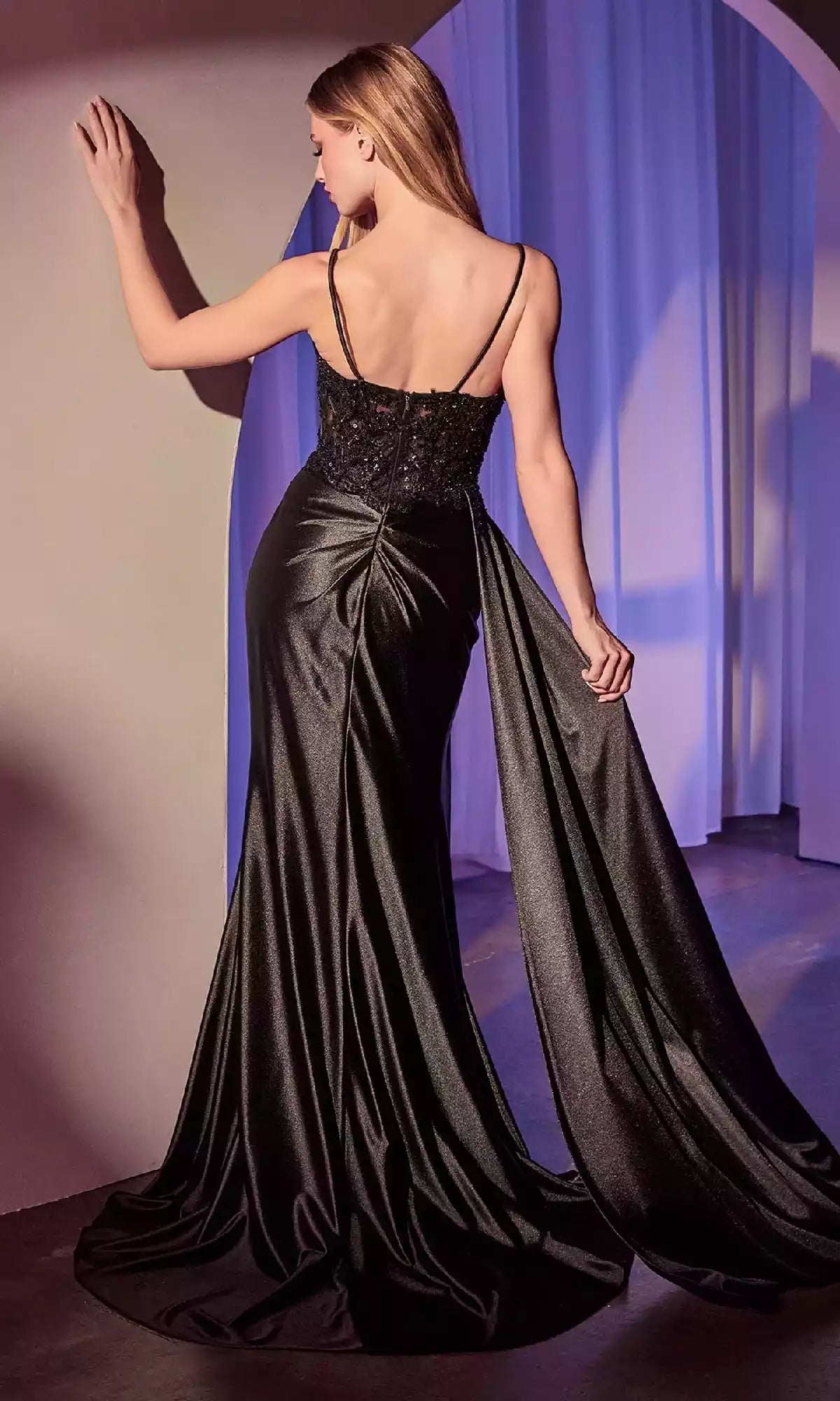 Stunning long satin beaded lace corset with V-neck pleats and side slits, Prom Dresses