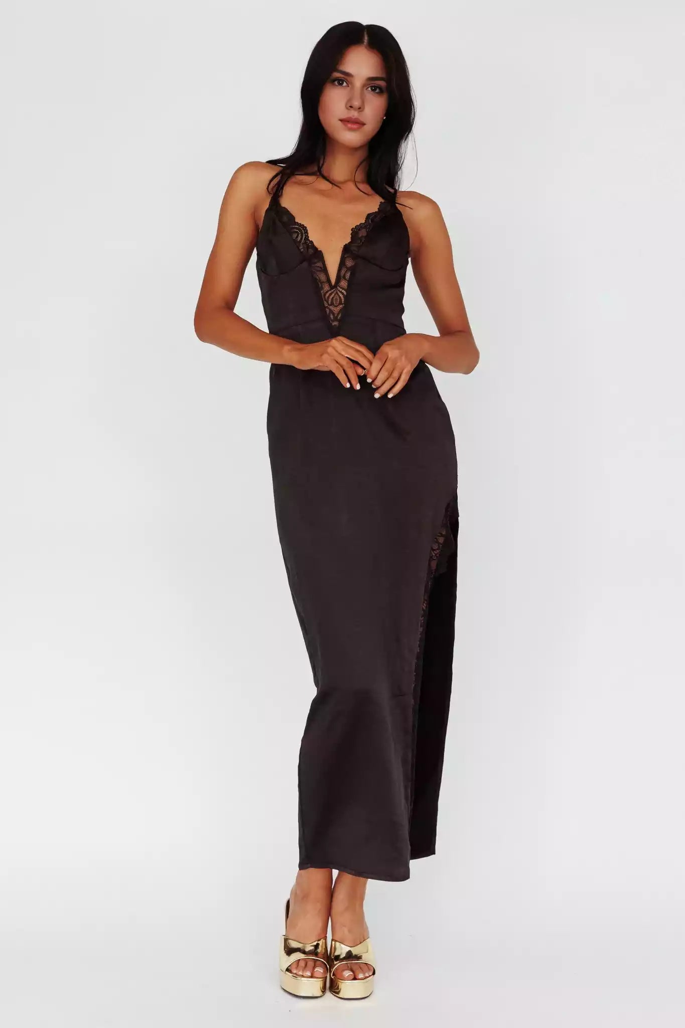 Stunning mid length lining with adjustable shoulder straps, lace neckline, side slit, back with zipper Bridesmaid Dresses